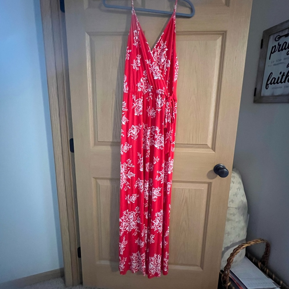 Floral Wrap-Front Red Maxi Dress with White Print